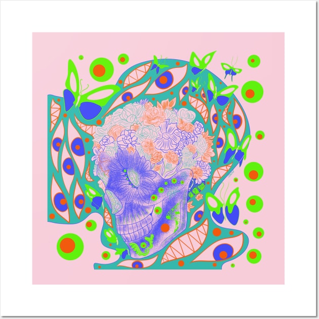 pink death calavera in butterfly hex pattern ecopop Wall Art by jorge_lebeau